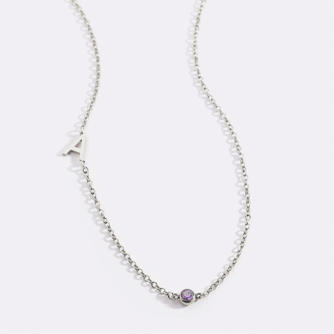 Initial Necklace with Birthstone Accent in 925 sterling silver with June birthstone