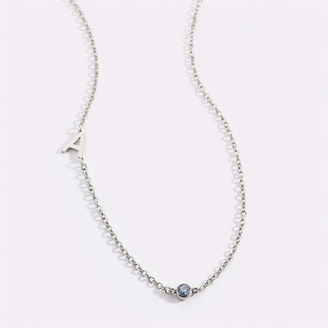 Initial Necklace with Birthstone Accent in 925 sterling silver with March birthstone