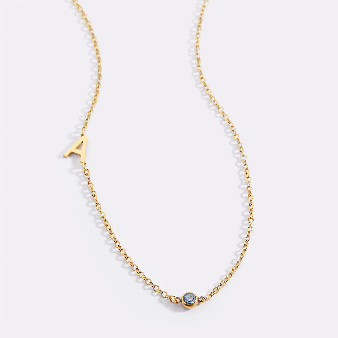 Initial Necklace with Birthstone Accent with March birthstone