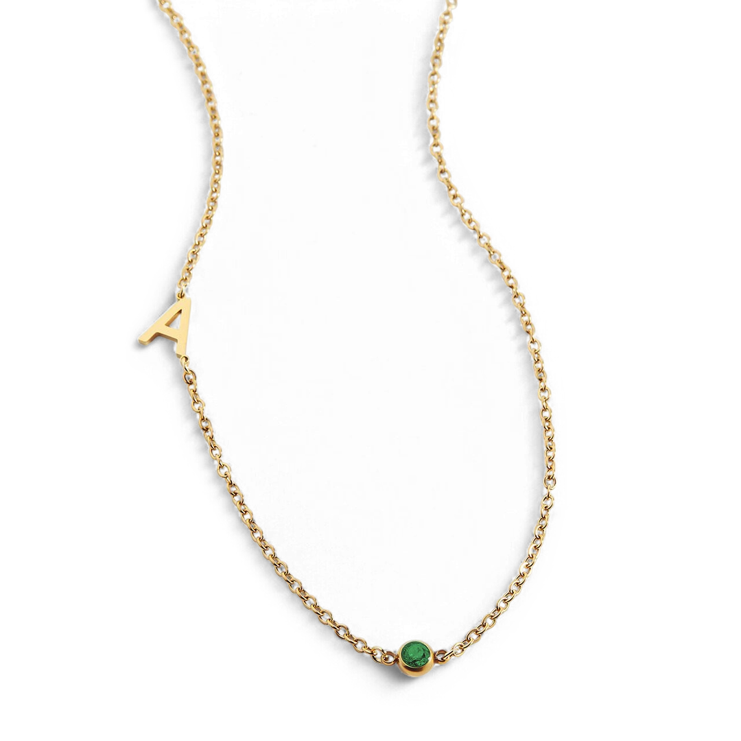 Initial Necklace with Birthstone Accent with May birthstone