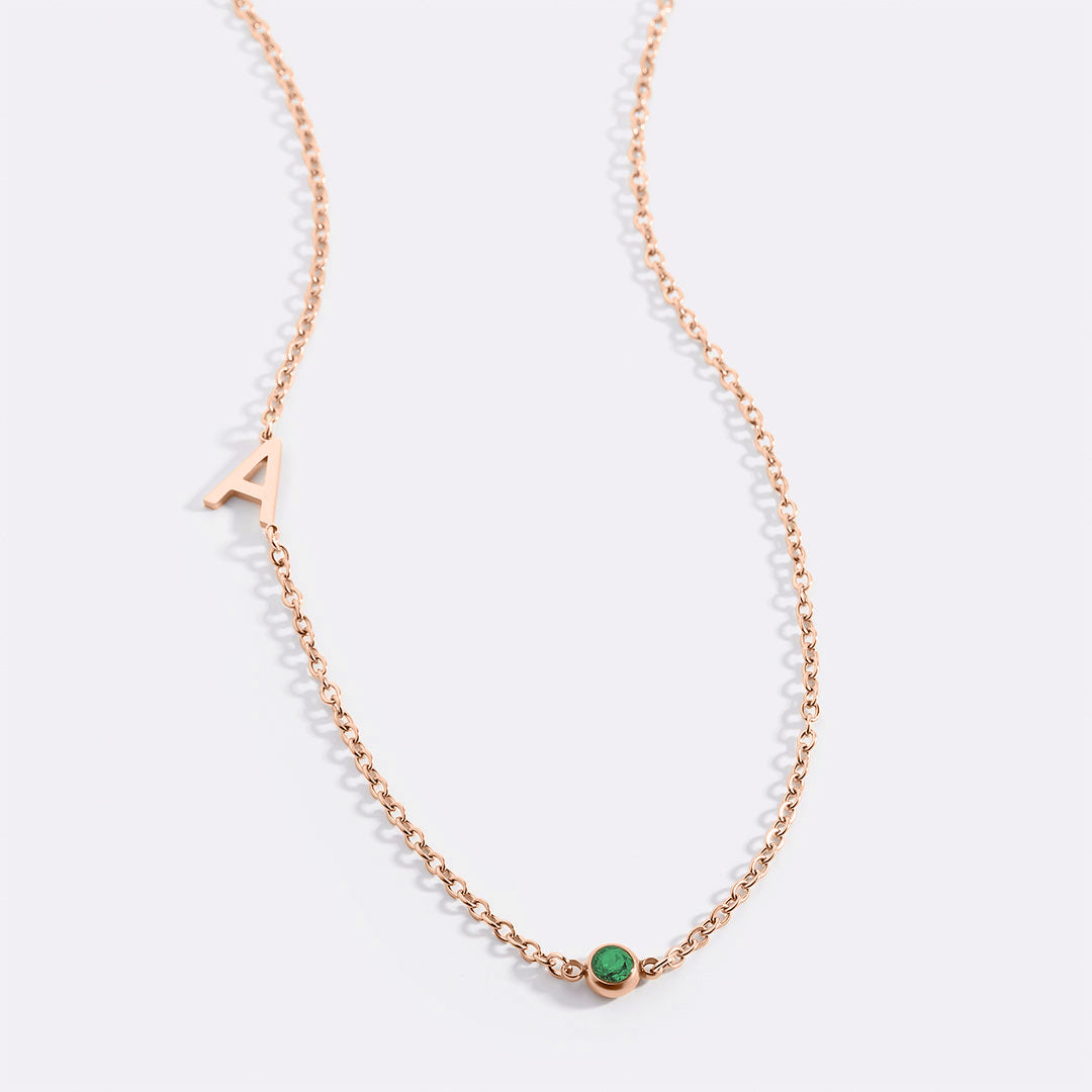 Initial Necklace with Birthstone Accent in rose gold tone with May birthstone