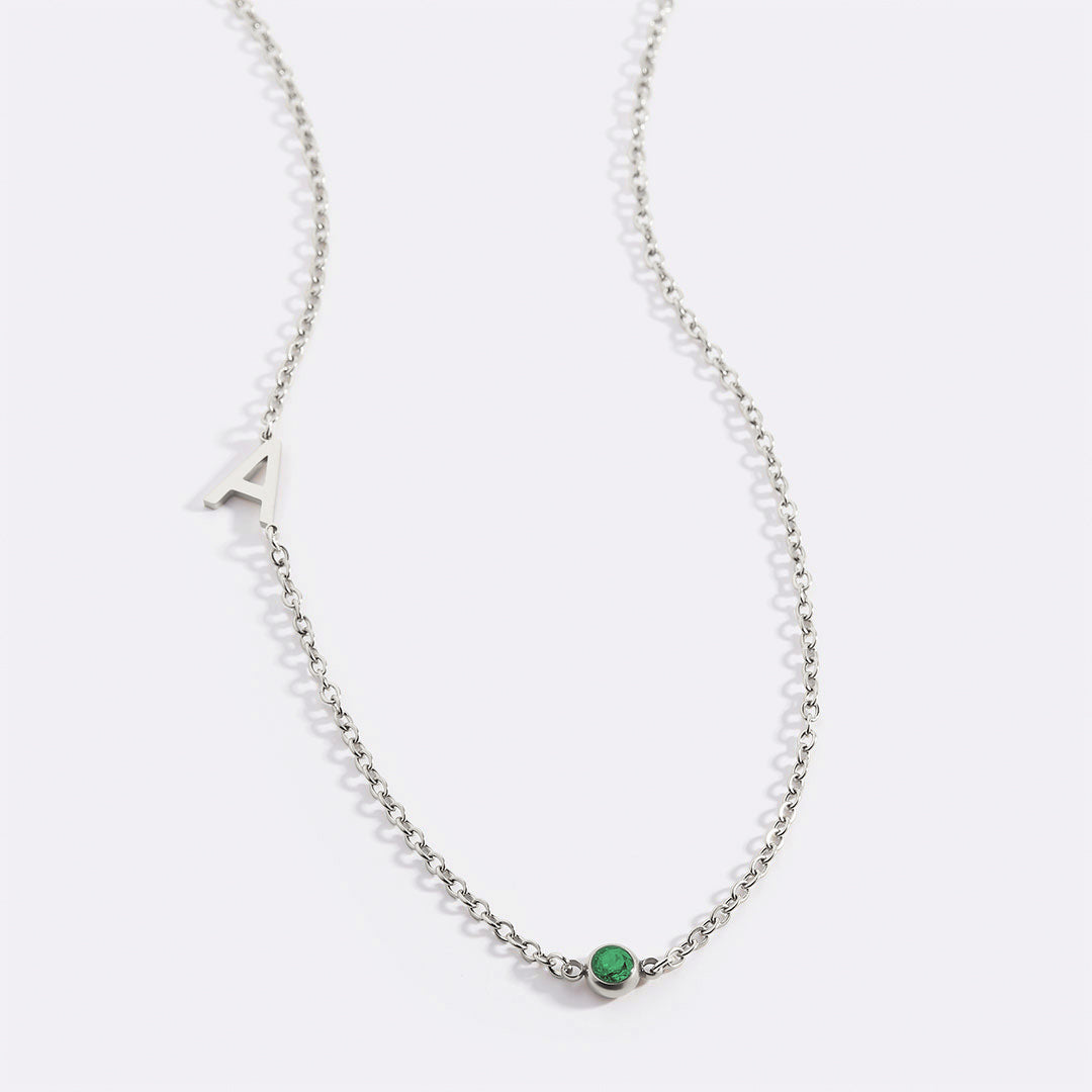 Initial Necklace with Birthstone Accent in 925 sterling silver with May birthstone