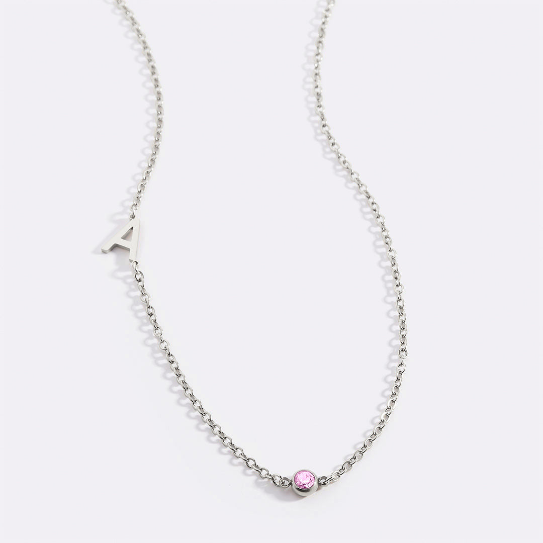 Initial Necklace with Birthstone Accent in 925 sterling silver with October birthstone