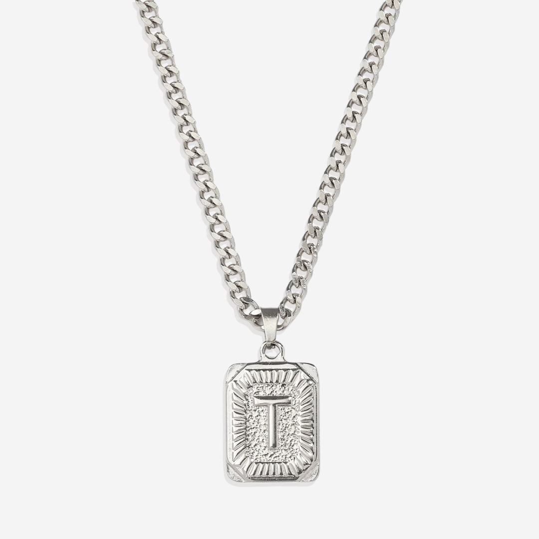 Initial Card Pendant Necklace with Curb Chain in 925 sterling silver