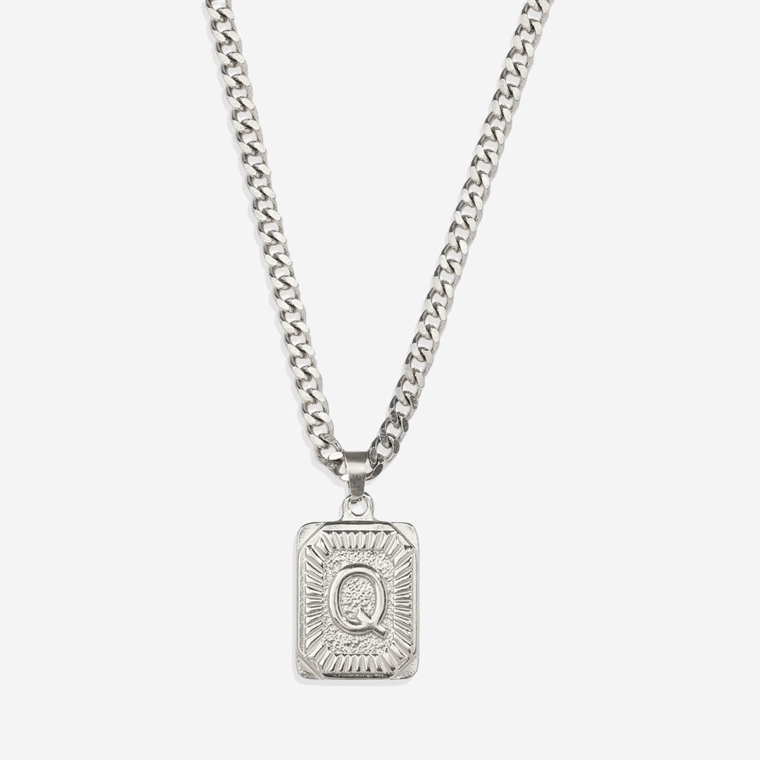 Initial Card Pendant Necklace with Curb Chain in 925 sterling silver
