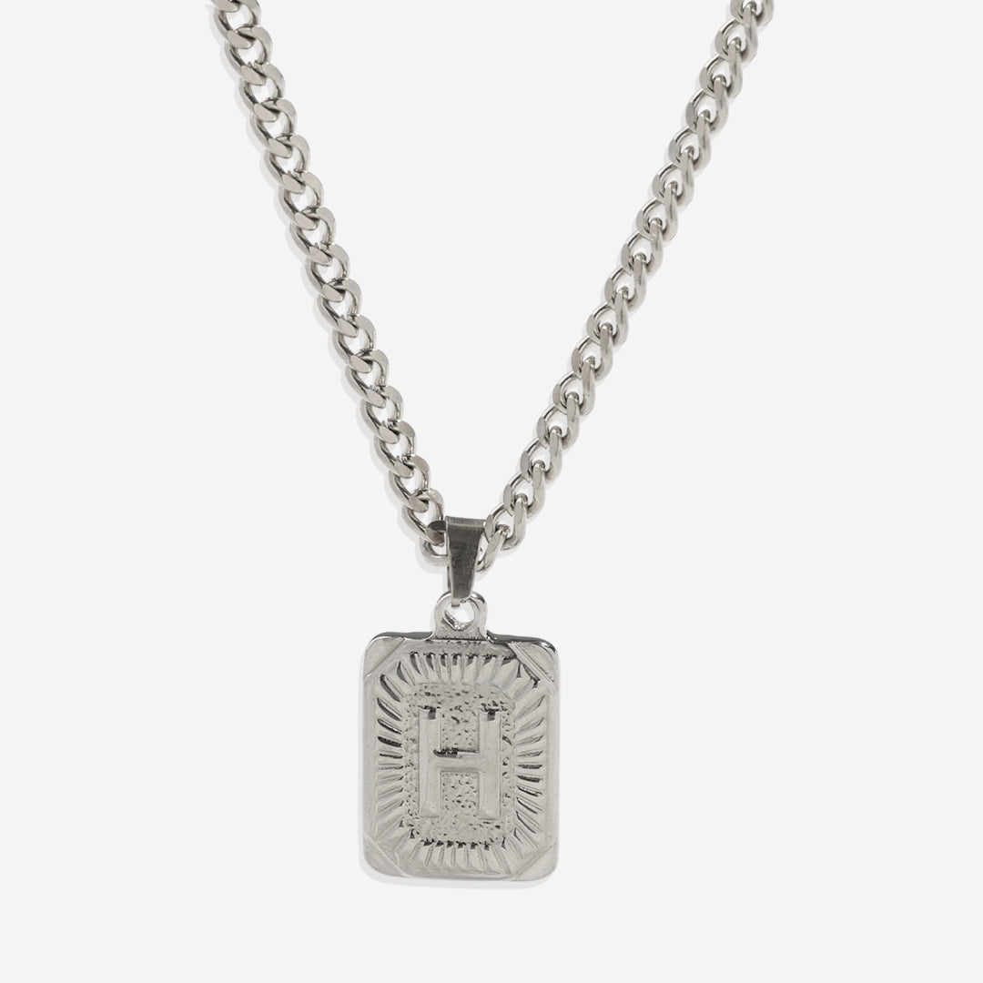 Initial Card Pendant Necklace with Curb Chain in 925 sterling silver