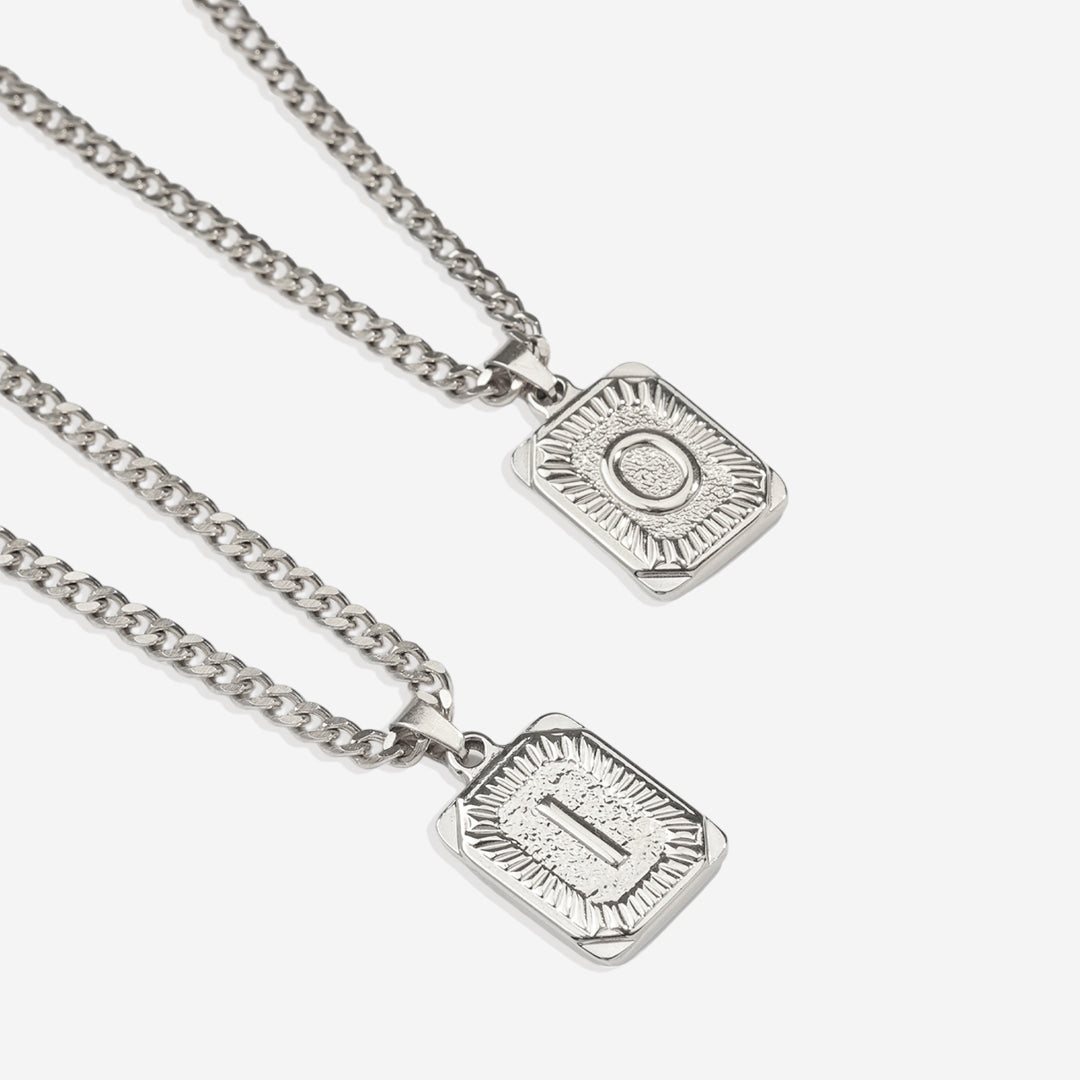 Initial Card Pendant Necklace with Curb Chain in 925 sterling silver
