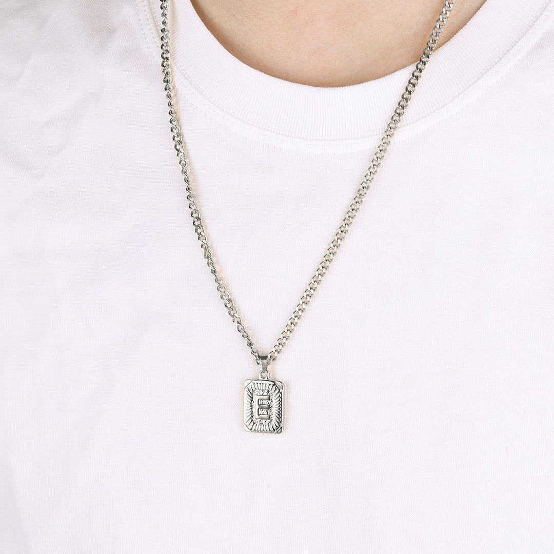 Initial Card Pendant Necklace with Curb Chain in 925 sterling silver