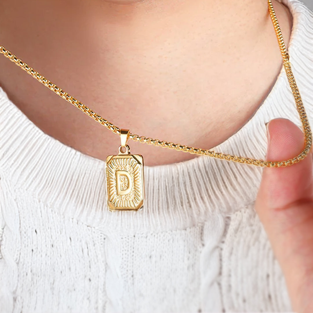 Initial Card Pendant Necklace with Rolo Chain in 925 sterling silver