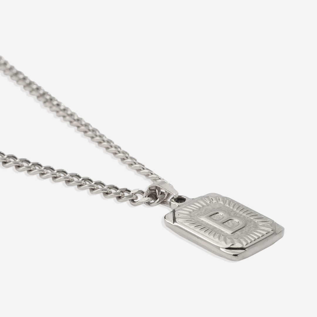 Initial Card Pendant Necklace with Curb Chain in 925 sterling silver
