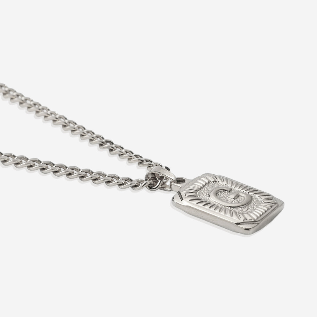 Initial Card Pendant Necklace with Curb Chain in 925 sterling silver