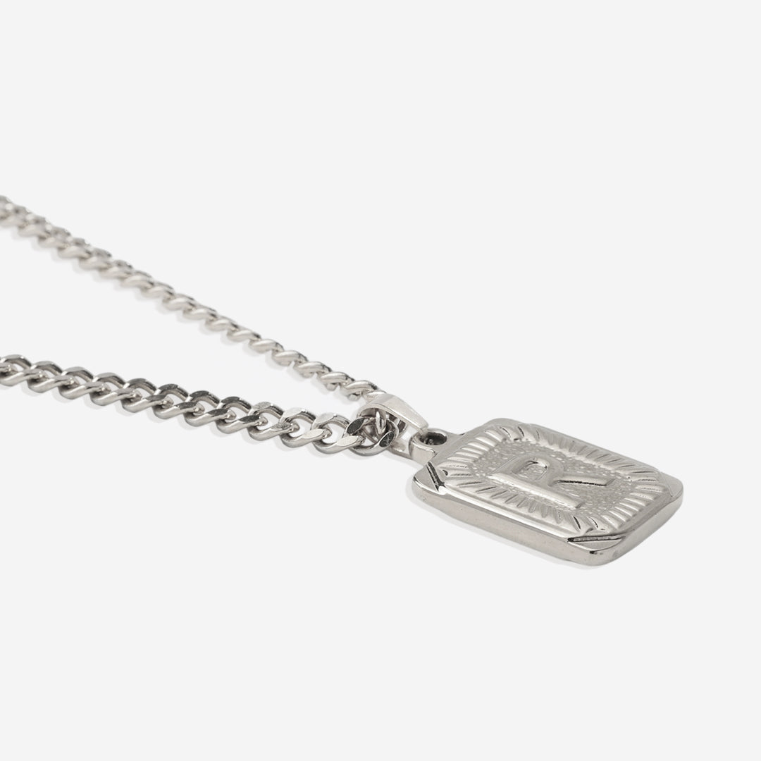 Initial Card Pendant Necklace with Curb Chain in 925 sterling silver