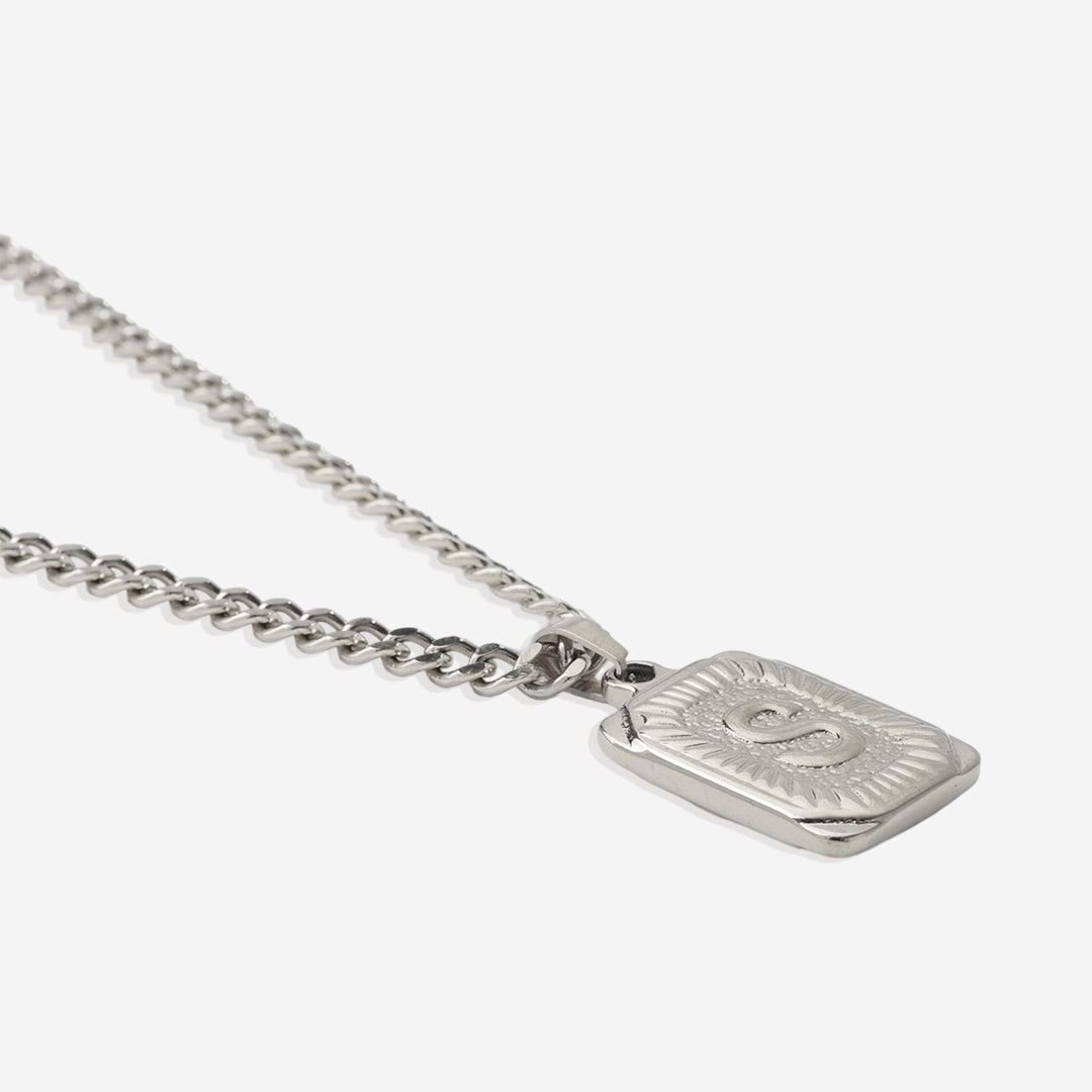Initial Card Pendant Necklace with Curb Chain in 925 sterling silver