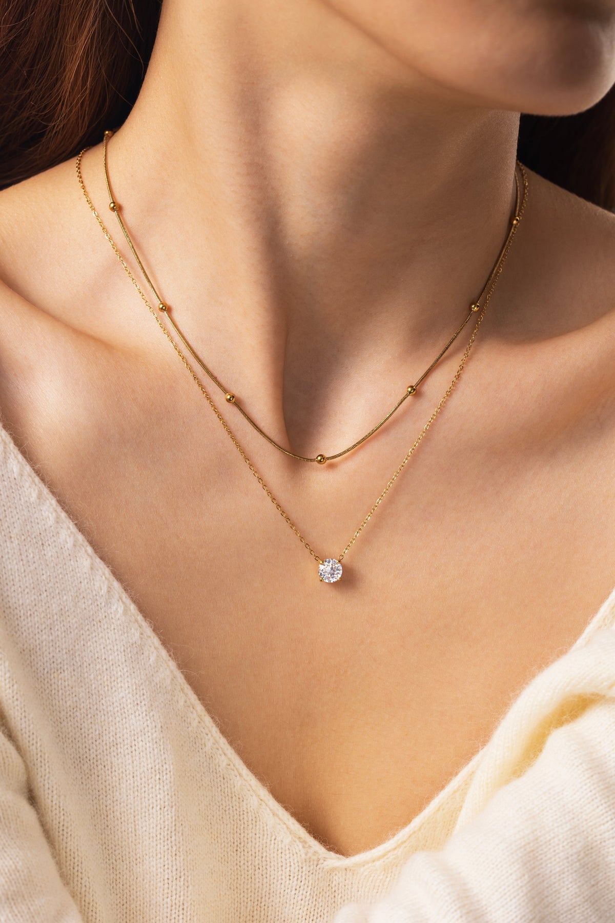 Layered Double Chain Necklace, worn on a model