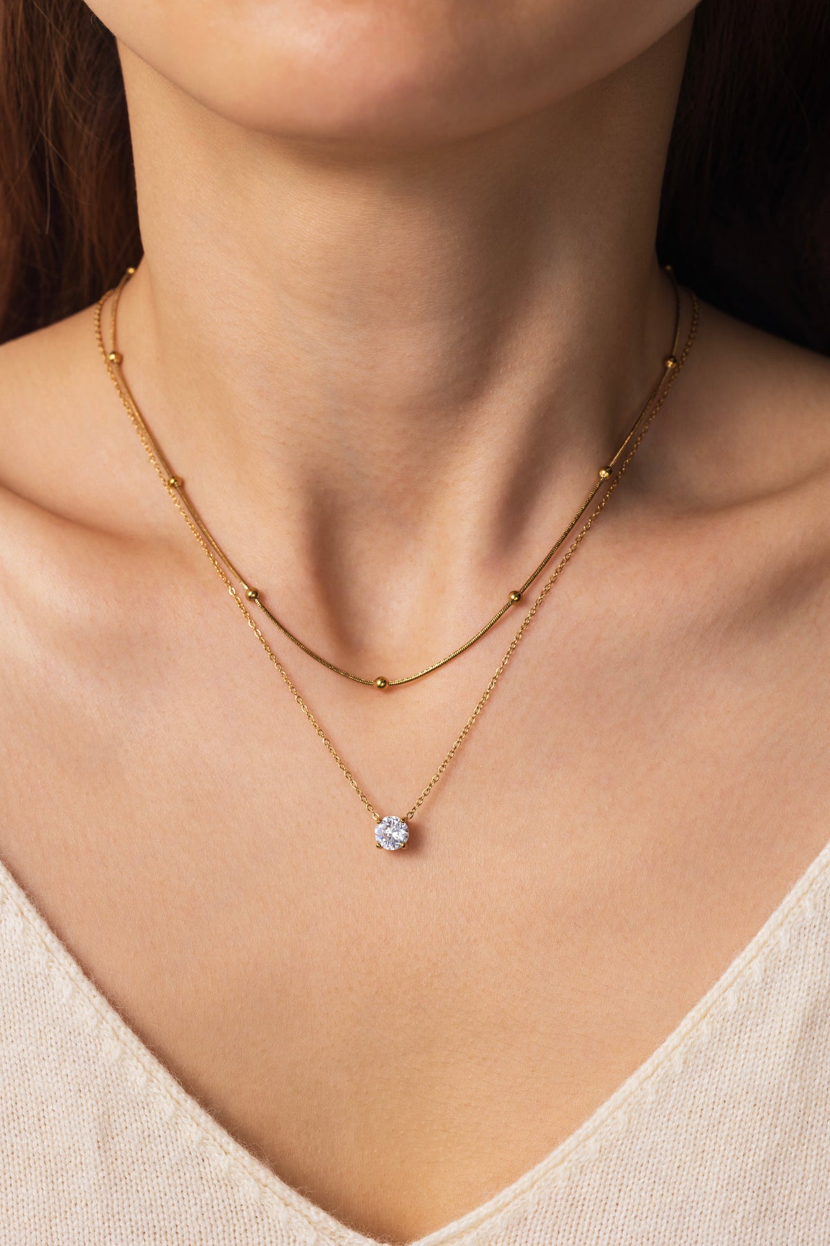 Layered Double Chain Necklace, worn on a model