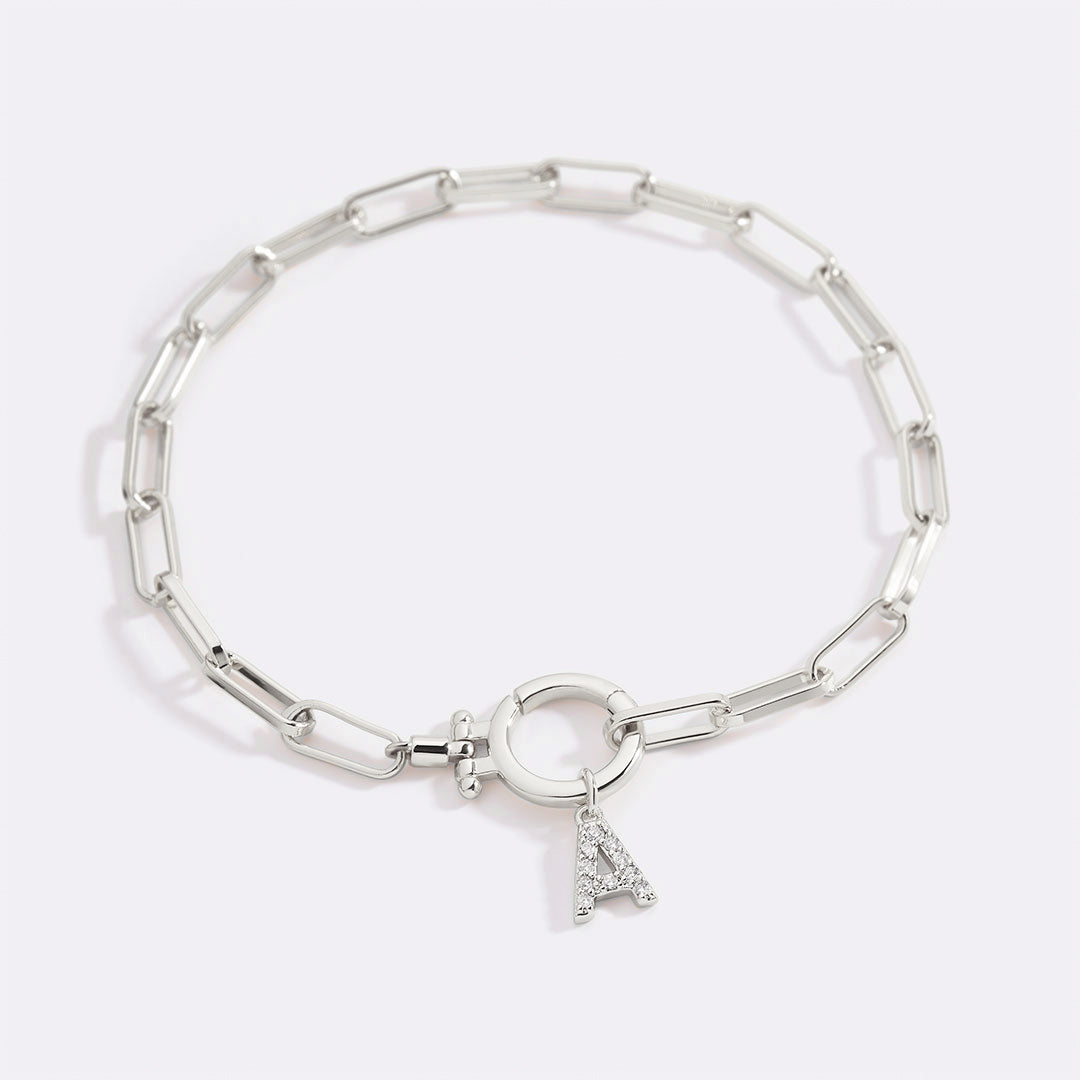 Mint Paperclip Bracelet with Pave Initial Charm in 925 sterling silver