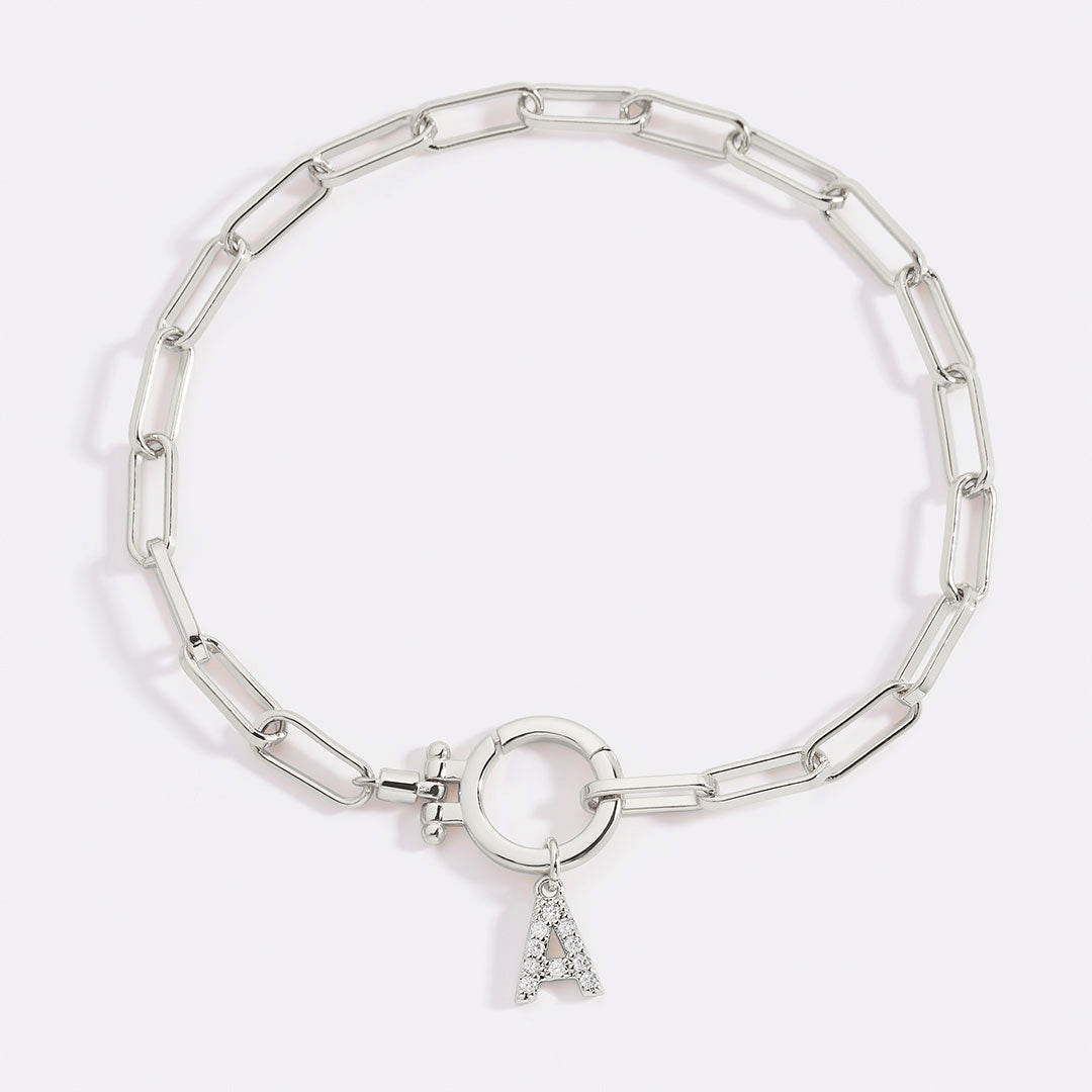 Mint Paperclip Bracelet with Pave Initial Charm in 925 sterling silver