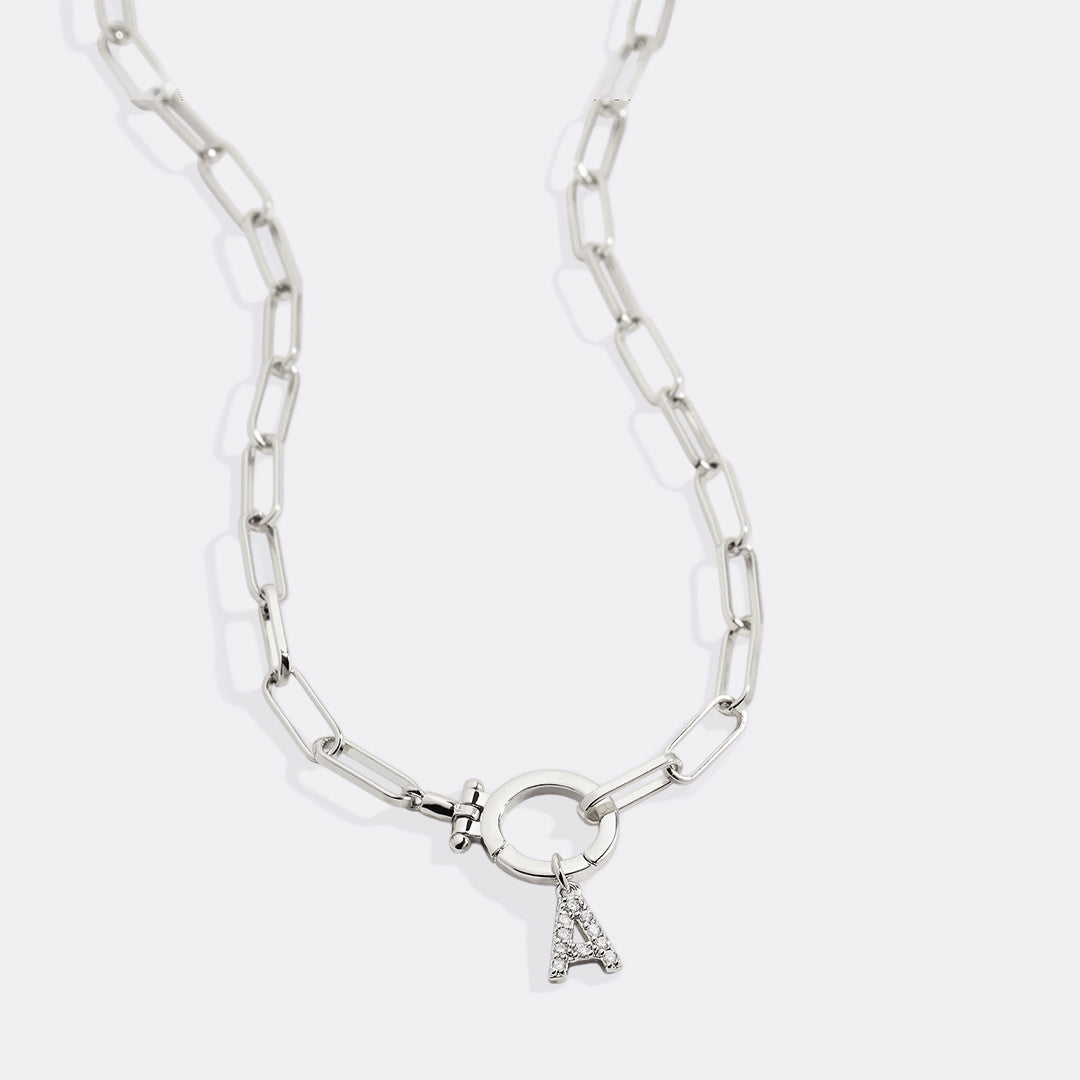 Mint Paperclip Necklace with Pave Initial Charm in 925 sterling silver