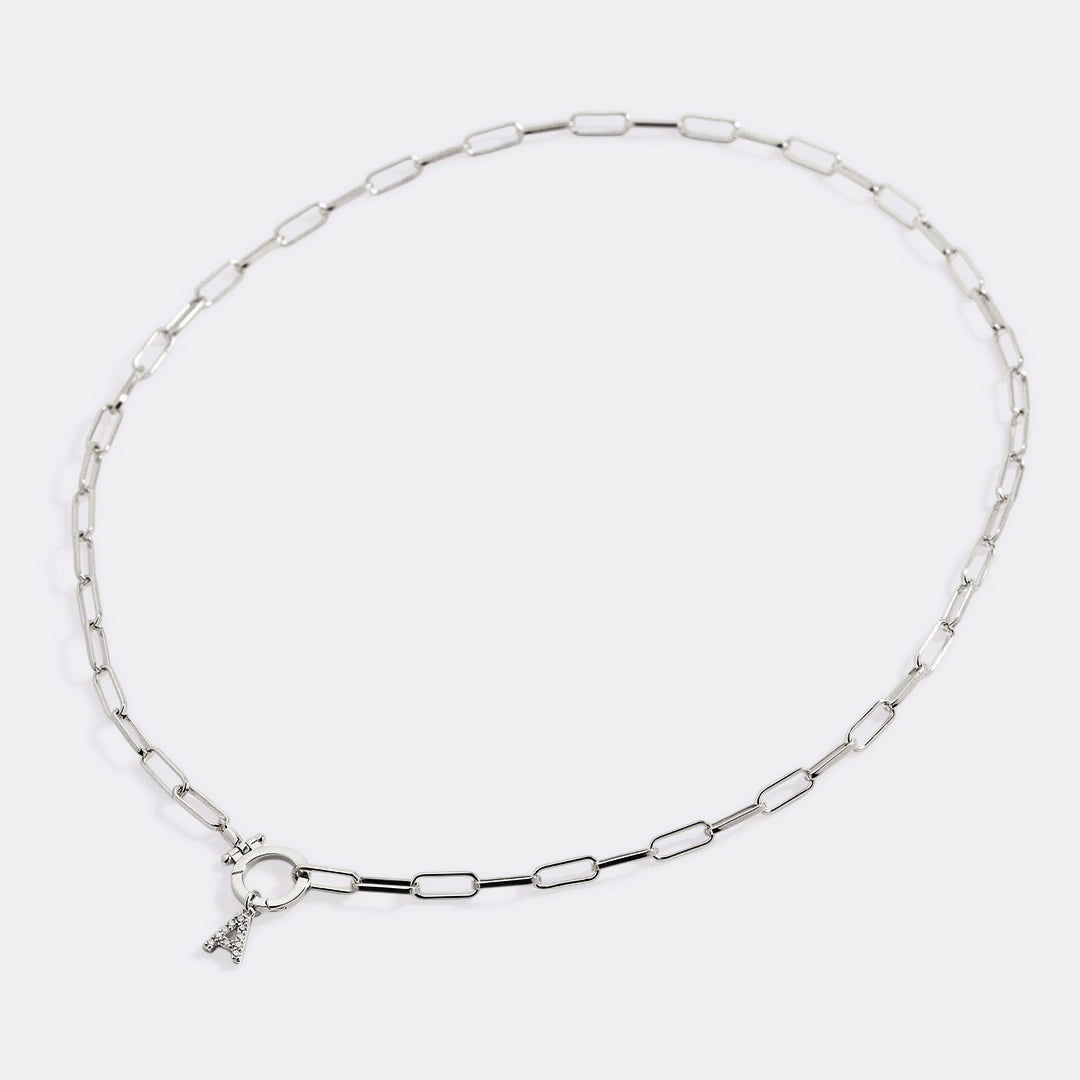 Mint Paperclip Necklace with Pave Initial Charm in 925 sterling silver