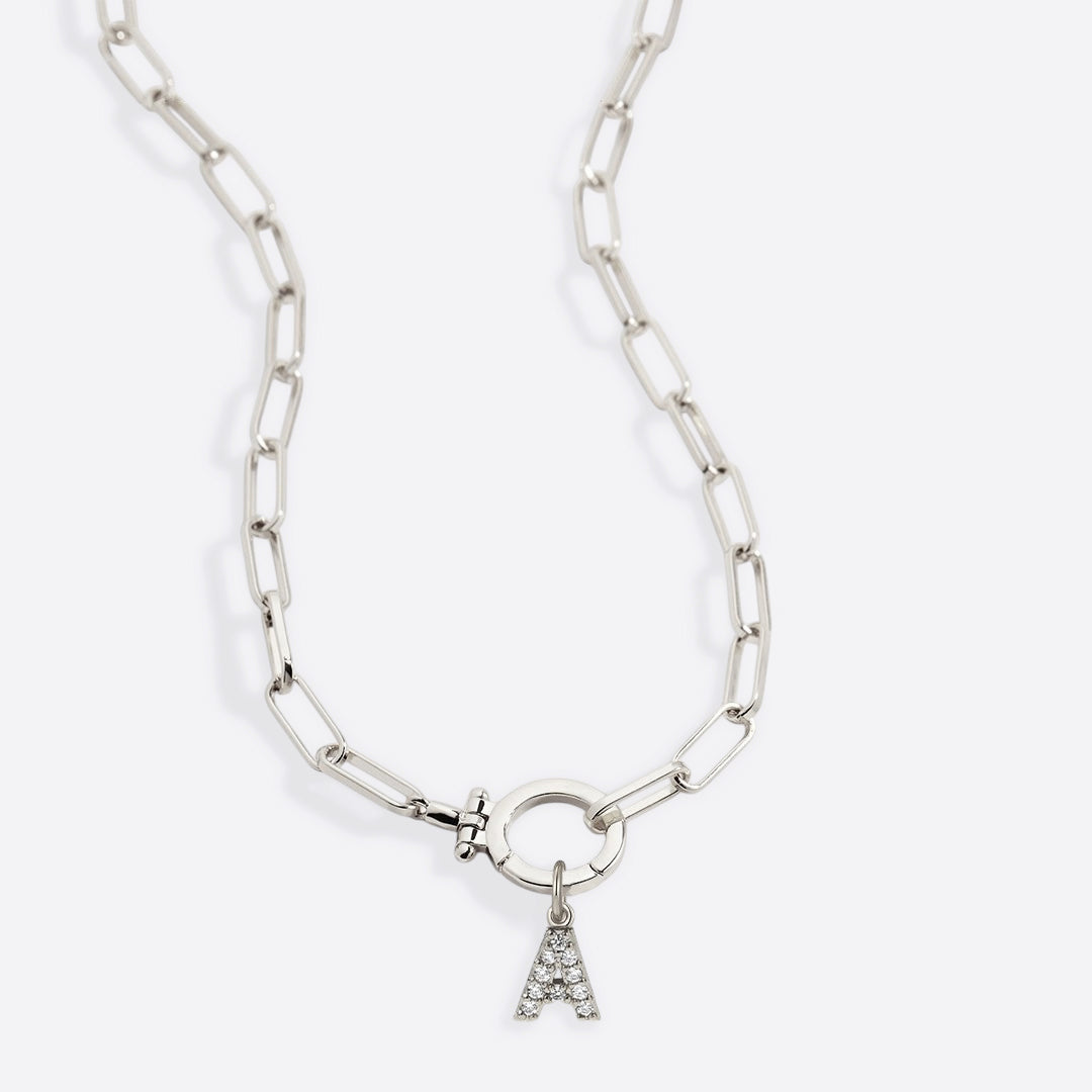 Mint Paperclip Necklace with Pave Initial Charm in 925 sterling silver