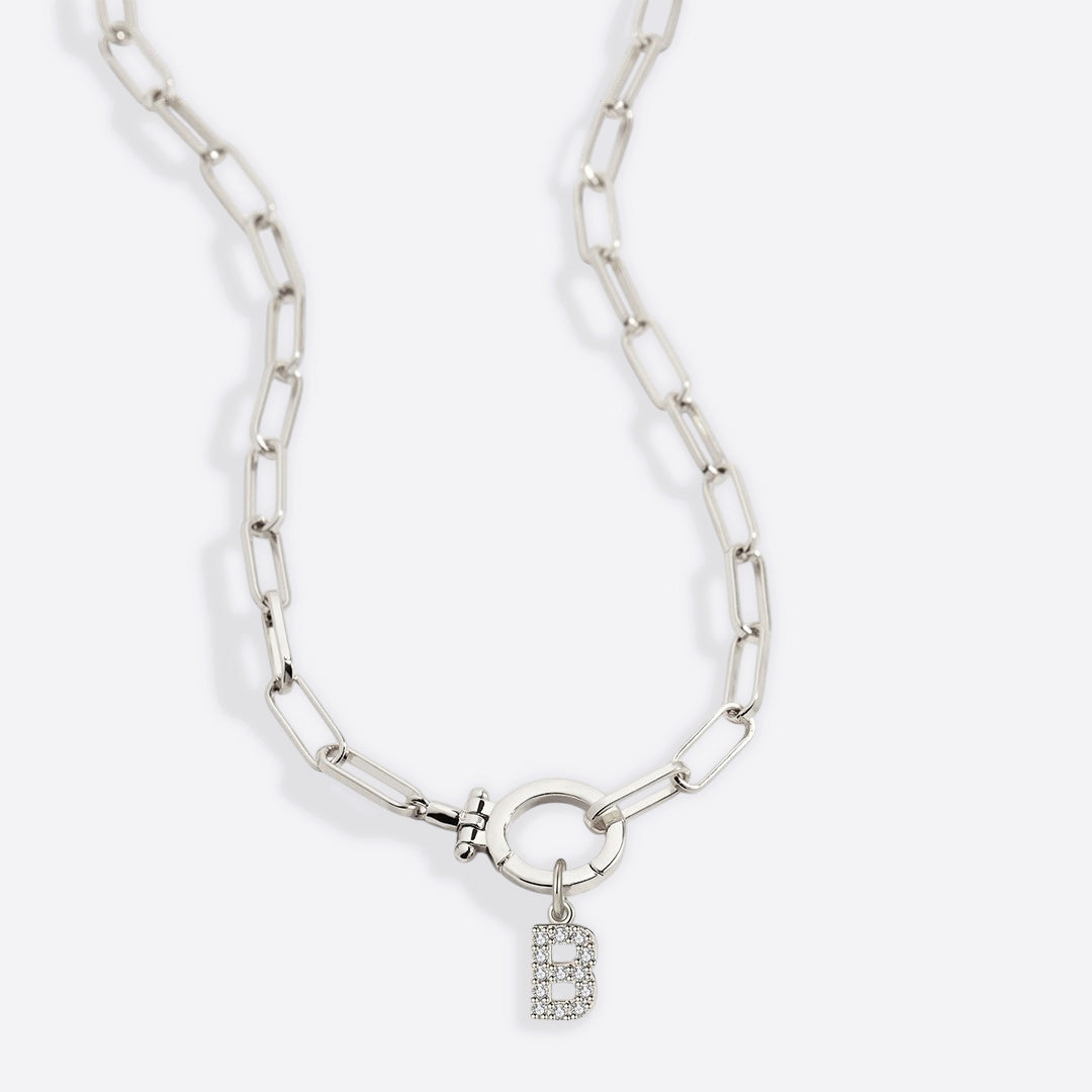 Mint Paperclip Necklace with Pave Initial Charm in 925 sterling silver