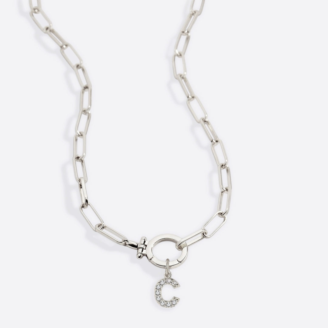 Mint Paperclip Necklace with Pave Initial Charm in 925 sterling silver