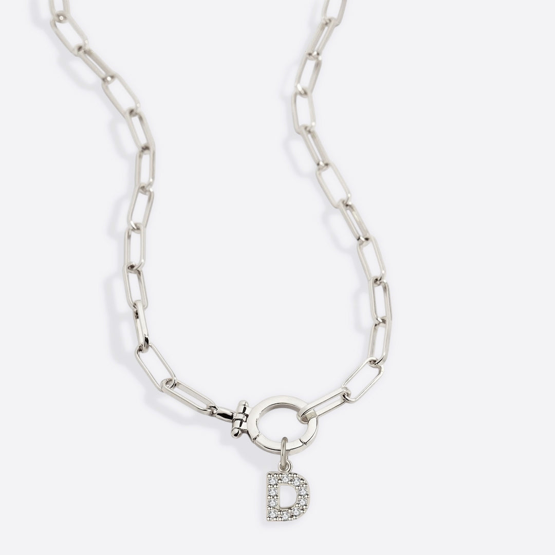 Mint Paperclip Necklace with Pave Initial Charm in 925 sterling silver