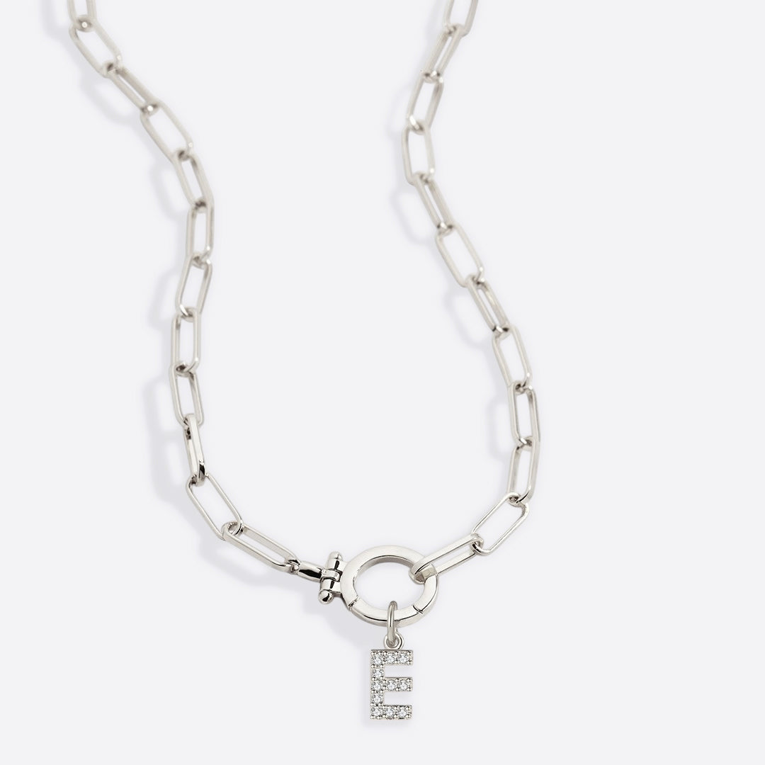 Mint Paperclip Necklace with Pave Initial Charm in 925 sterling silver