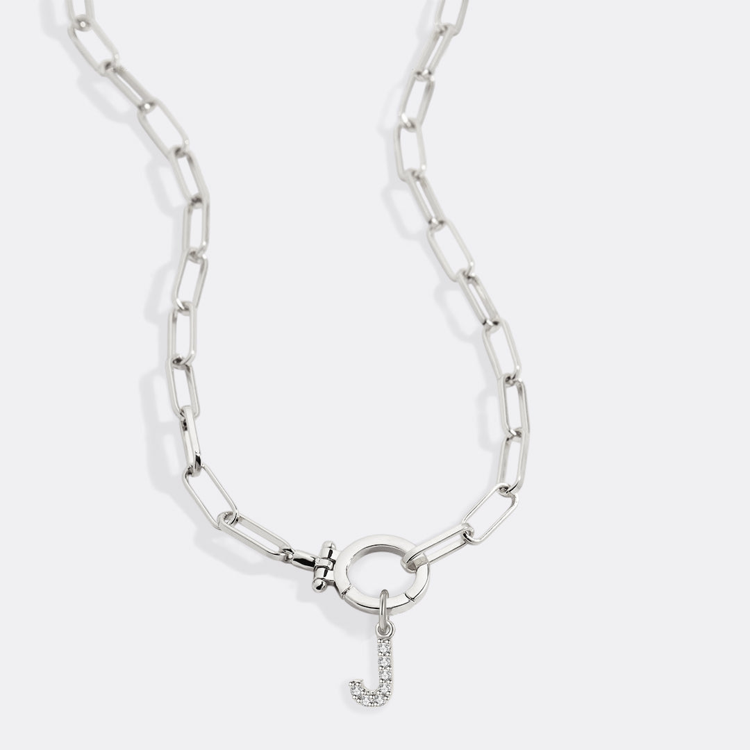 Mint Paperclip Necklace with Pave Initial Charm in 925 sterling silver