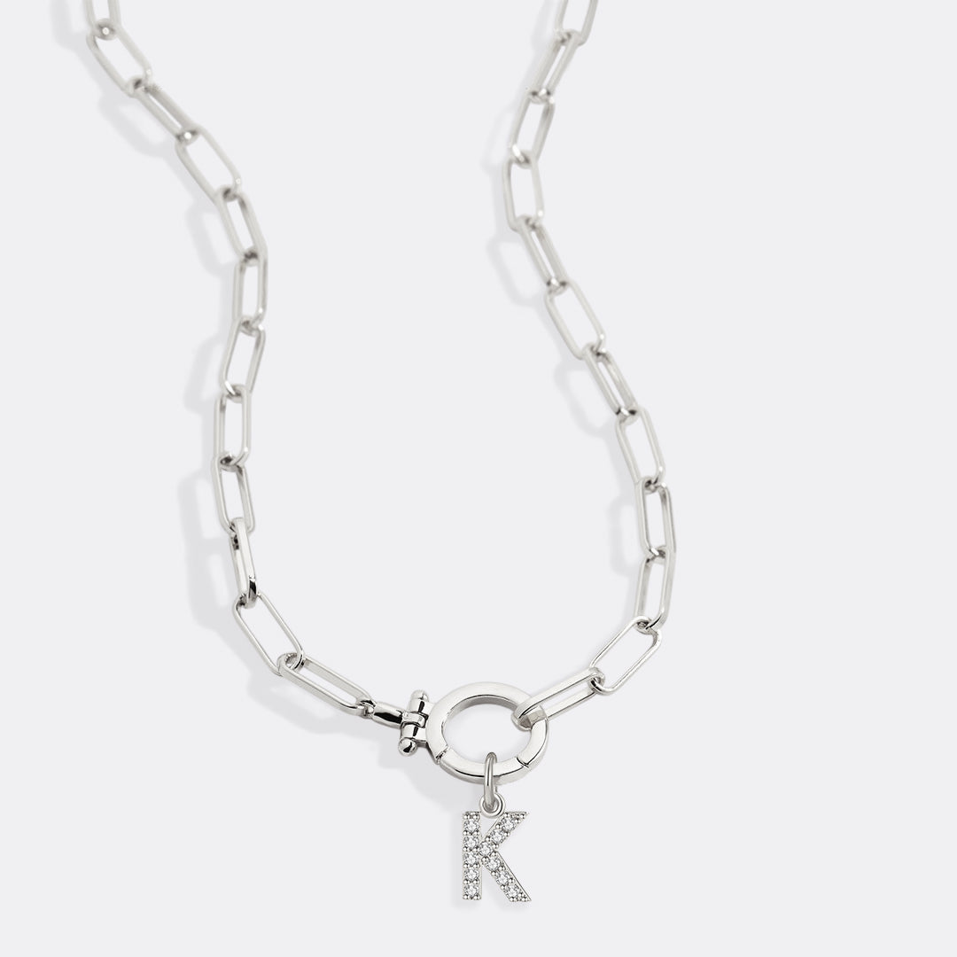 Mint Paperclip Necklace with Pave Initial Charm in 925 sterling silver