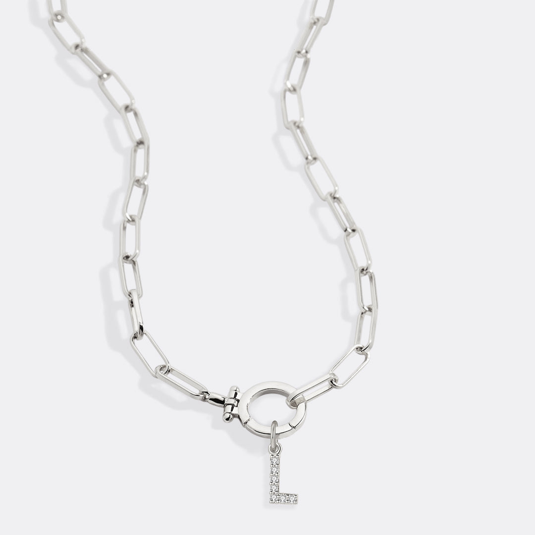 Mint Paperclip Necklace with Pave Initial Charm in 925 sterling silver
