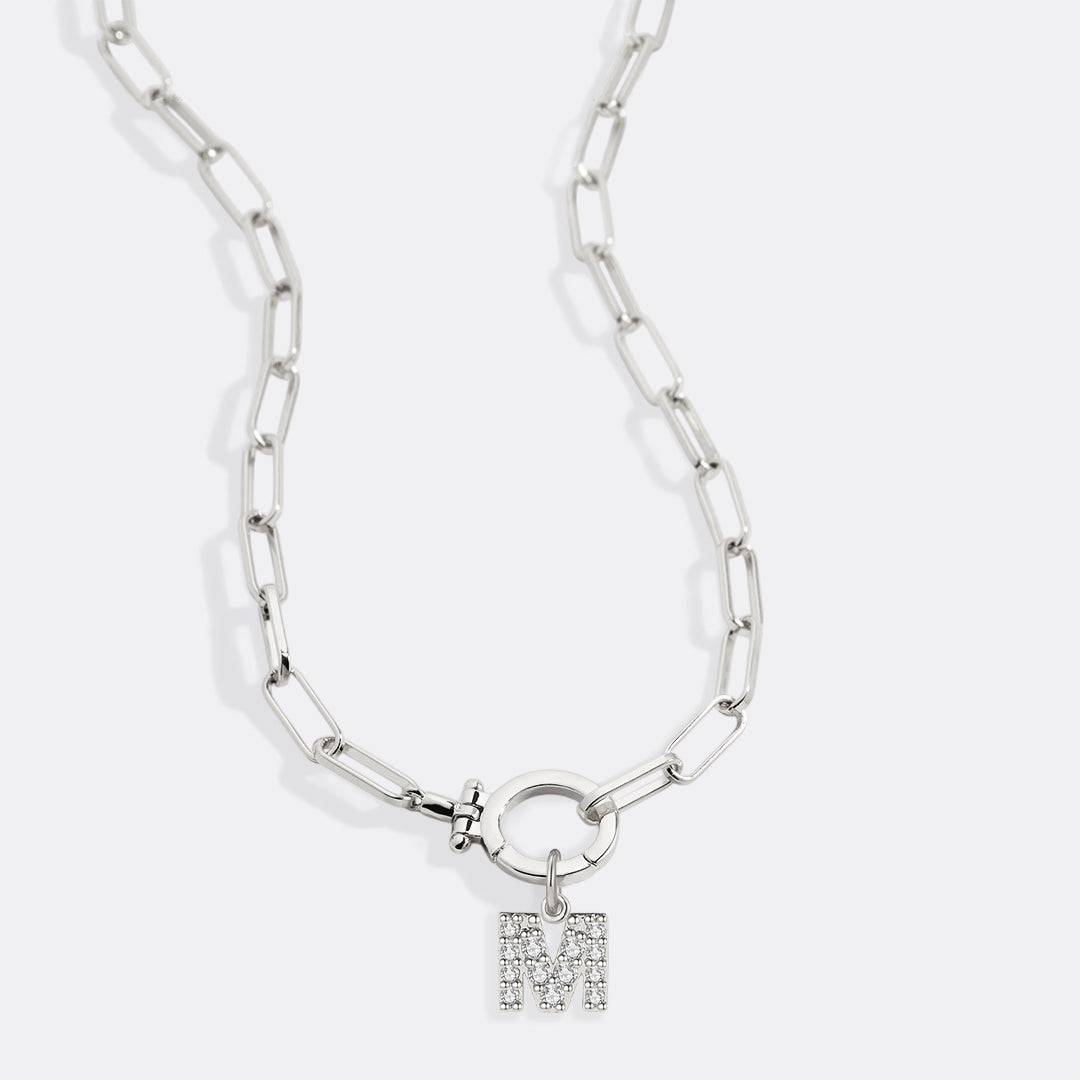 Mint Paperclip Necklace with Pave Initial Charm in 925 sterling silver