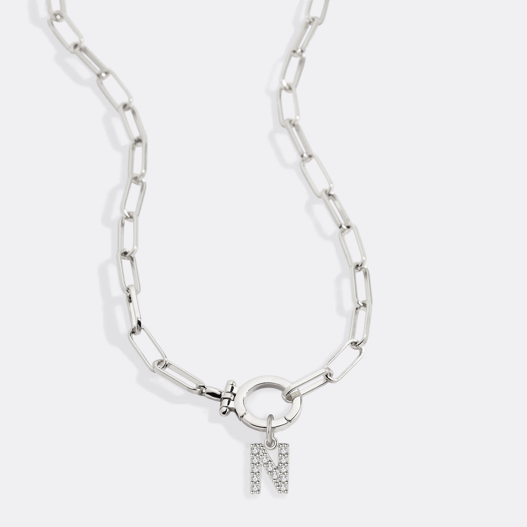 Mint Paperclip Necklace with Pave Initial Charm in 925 sterling silver