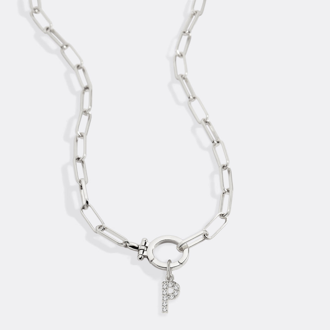 Mint Paperclip Necklace with Pave Initial Charm in 925 sterling silver