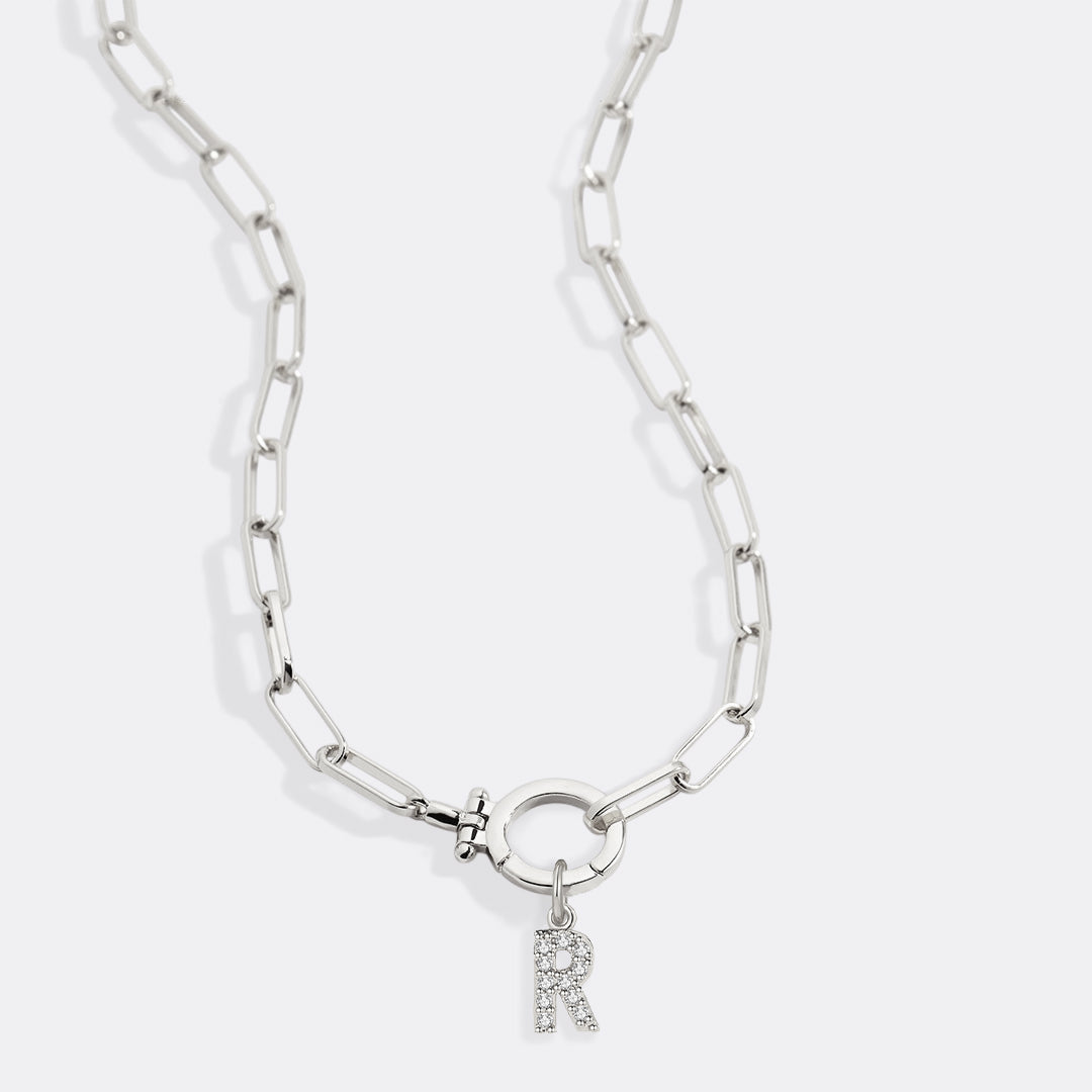 Mint Paperclip Necklace with Pave Initial Charm in 925 sterling silver