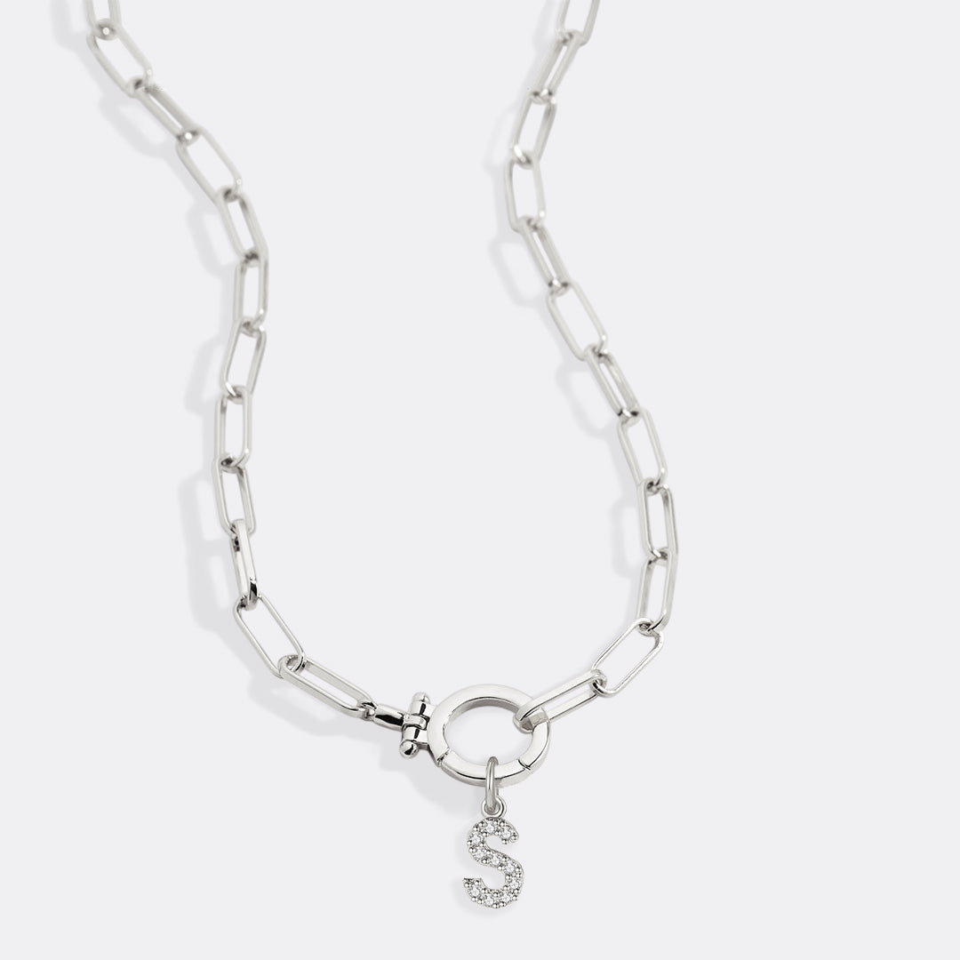 Mint Paperclip Necklace with Pave Initial Charm in 925 sterling silver