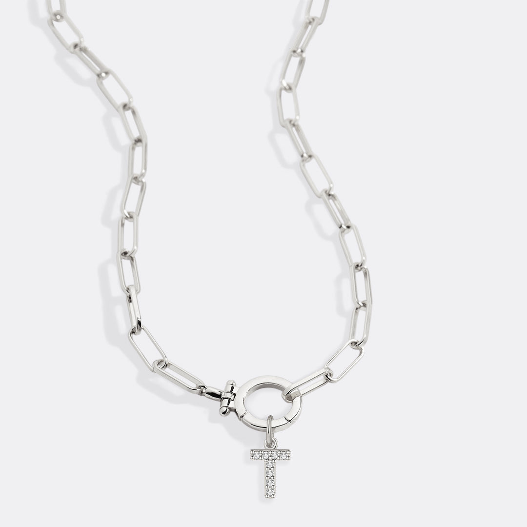 Mint Paperclip Necklace with Pave Initial Charm in 925 sterling silver