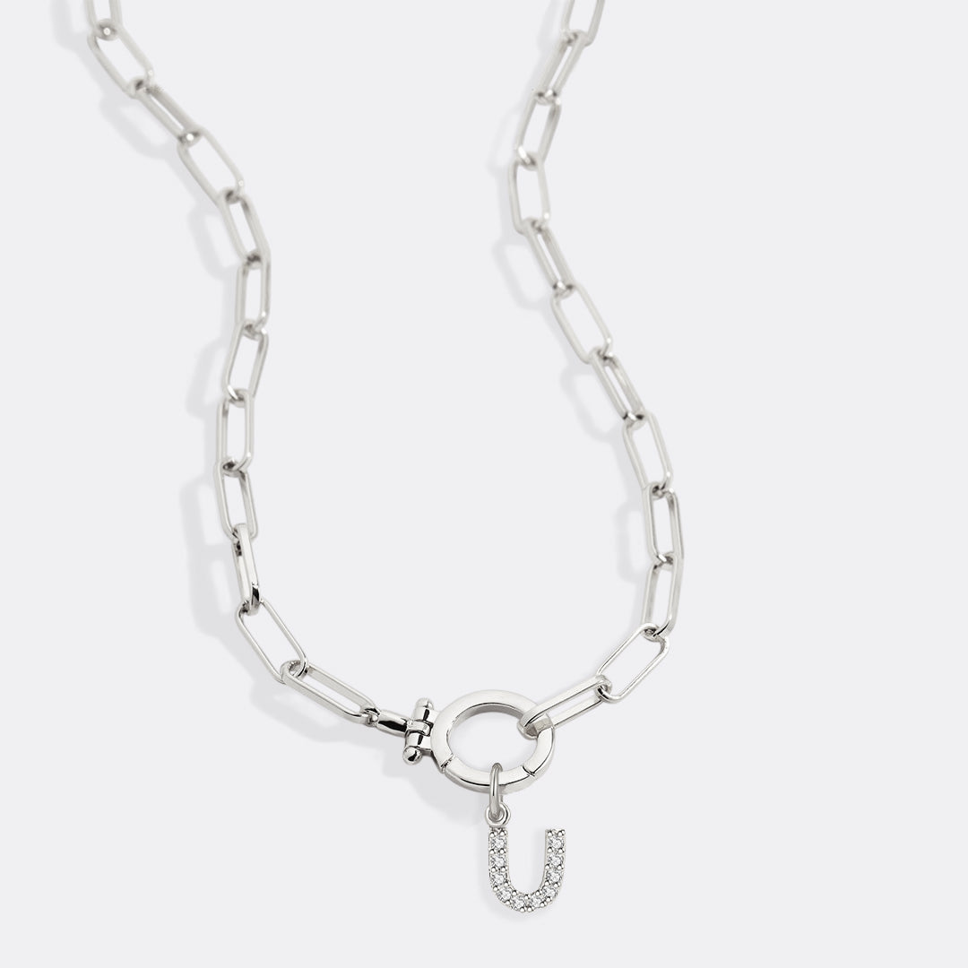 Mint Paperclip Necklace with Pave Initial Charm in 925 sterling silver