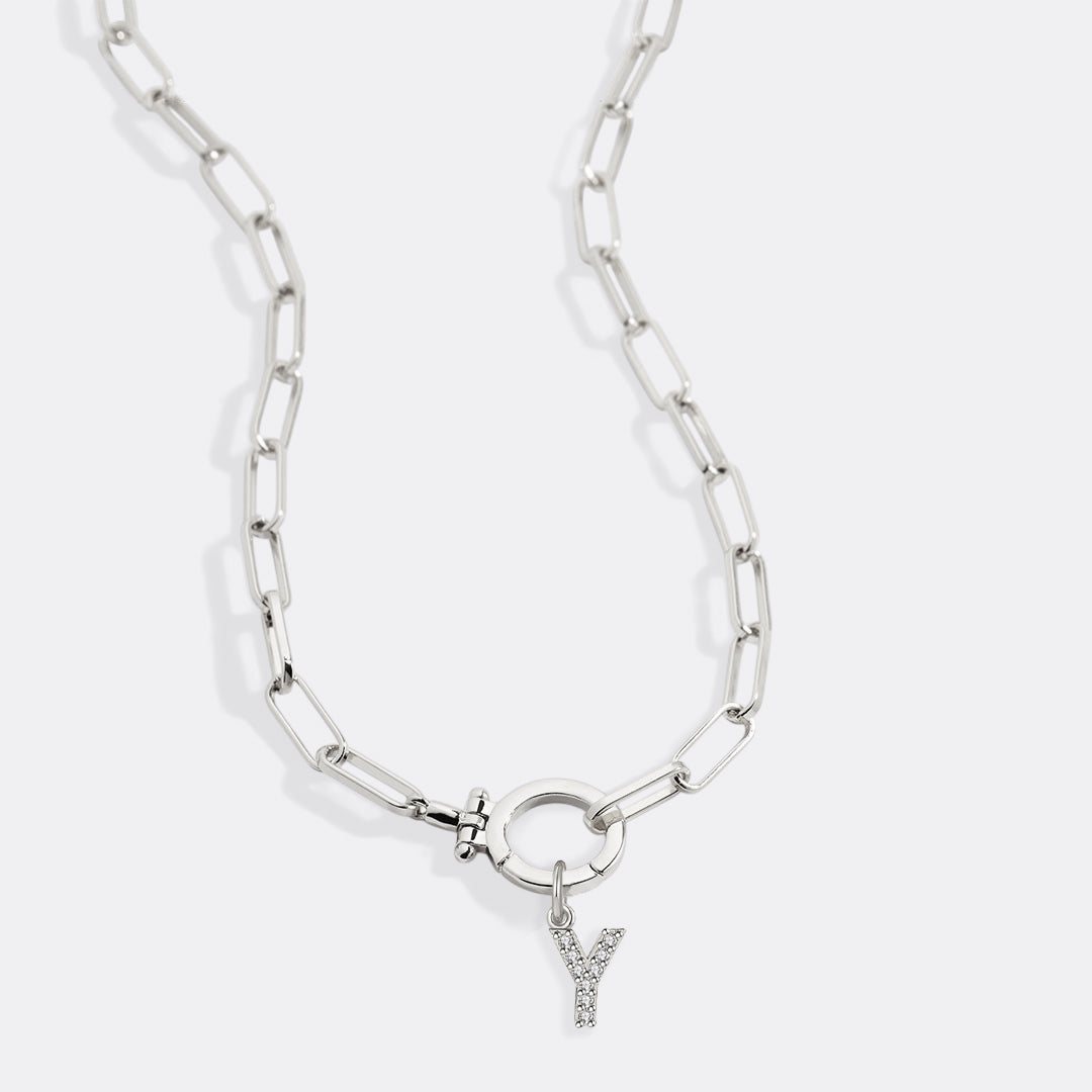 Mint Paperclip Necklace with Pave Initial Charm in 925 sterling silver