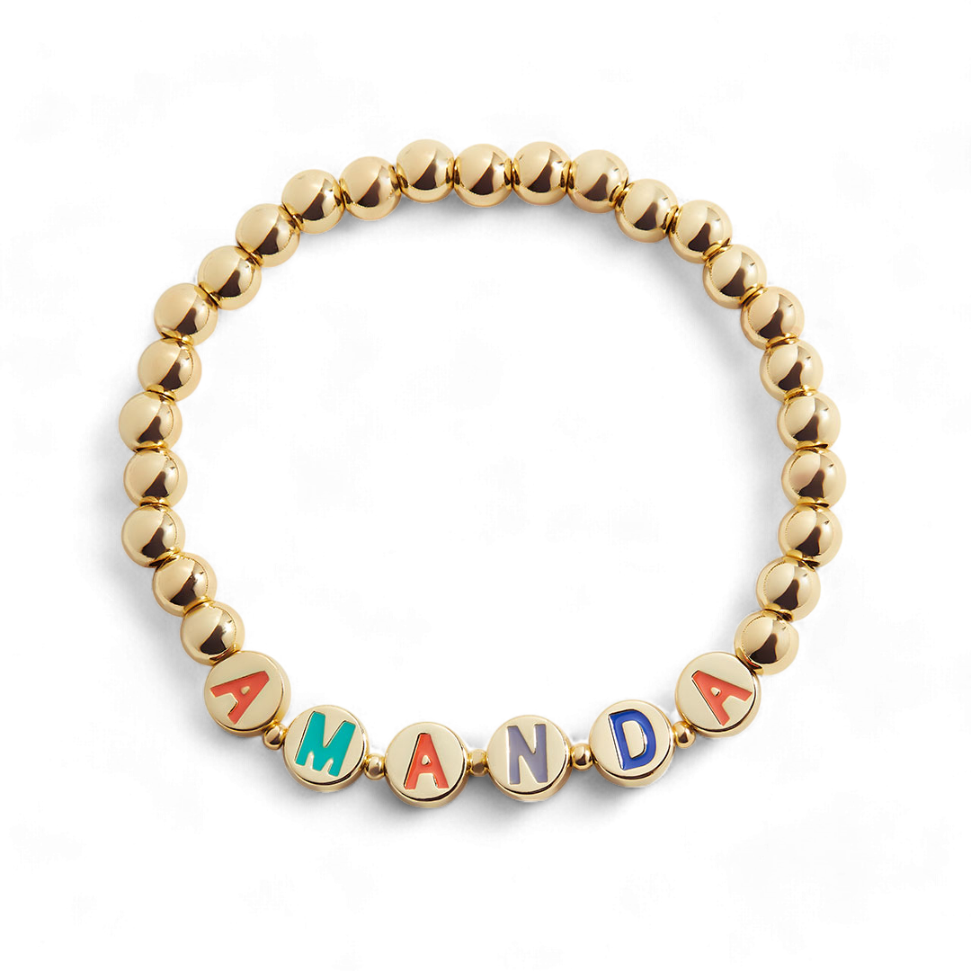 Custom Rainbow Letter Gold Disc Beaded Bracelet — Vanny Jewels