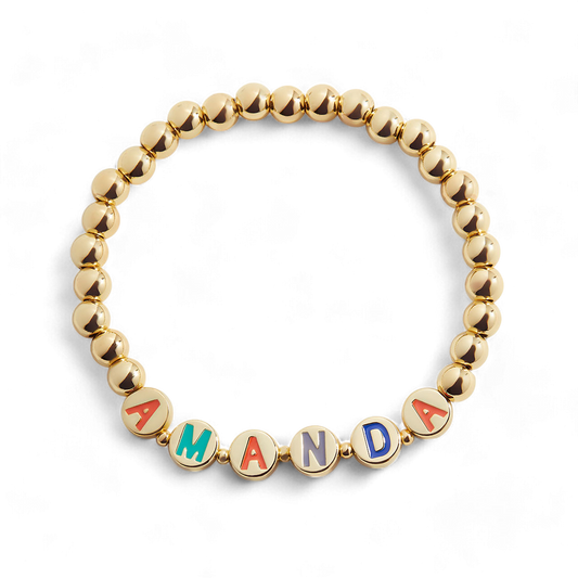 Custom Rainbow Letter Gold Disc Beaded Bracelet — Vanny Jewels