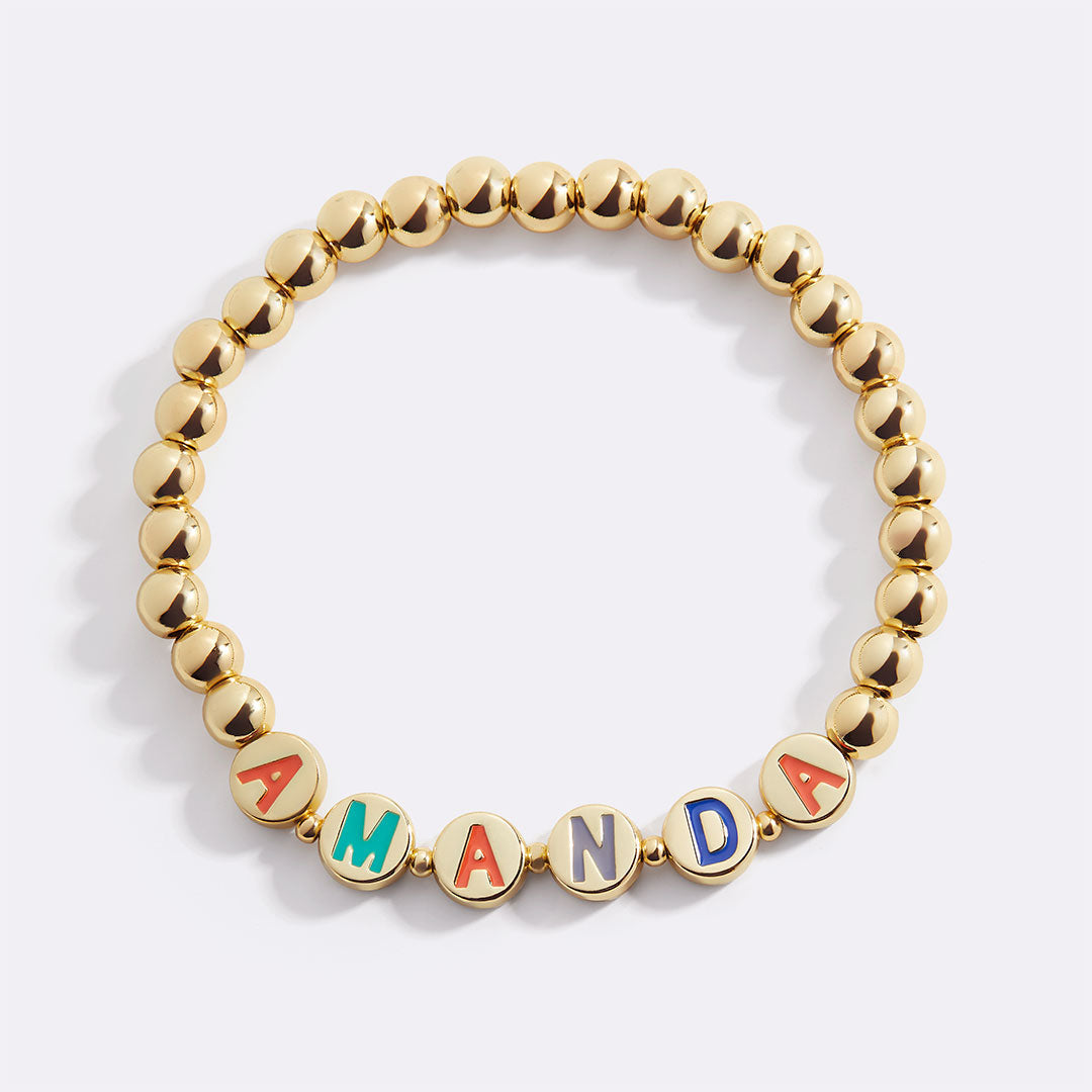 Personalisierbares Regenbogen-Buchstaben-Goldplättchen-Perlenarmband