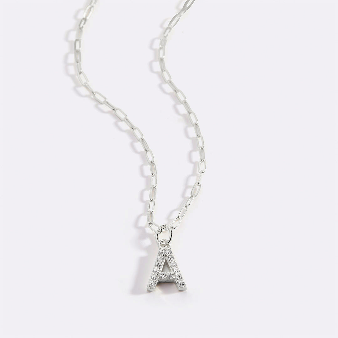 Sterling Silver Pavé Uppercase Initial Necklace in 925 sterling silver