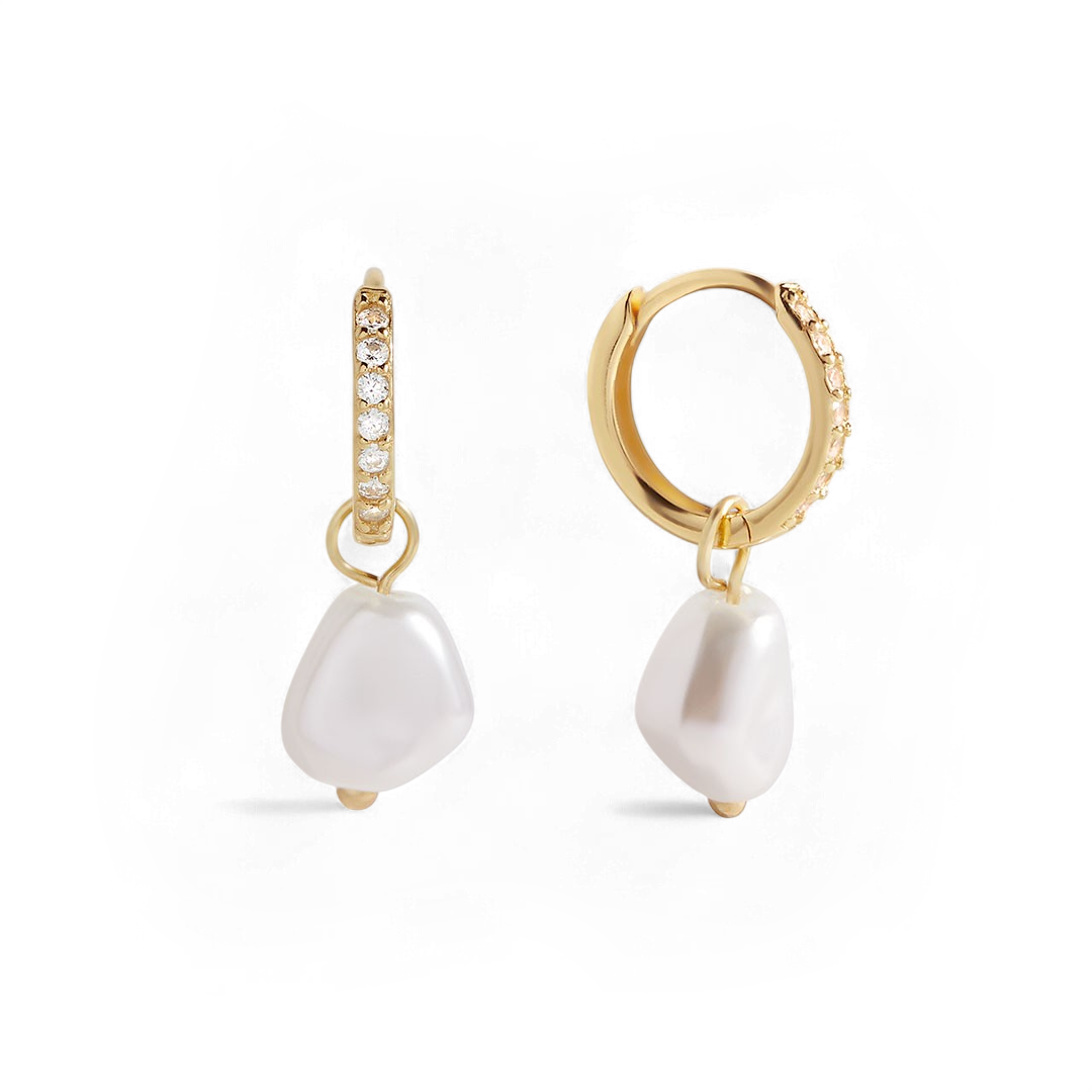 Freshwater Pearl Drop Pave Huggie Earrings in 925 Sterling Silver — Vanny Jewels