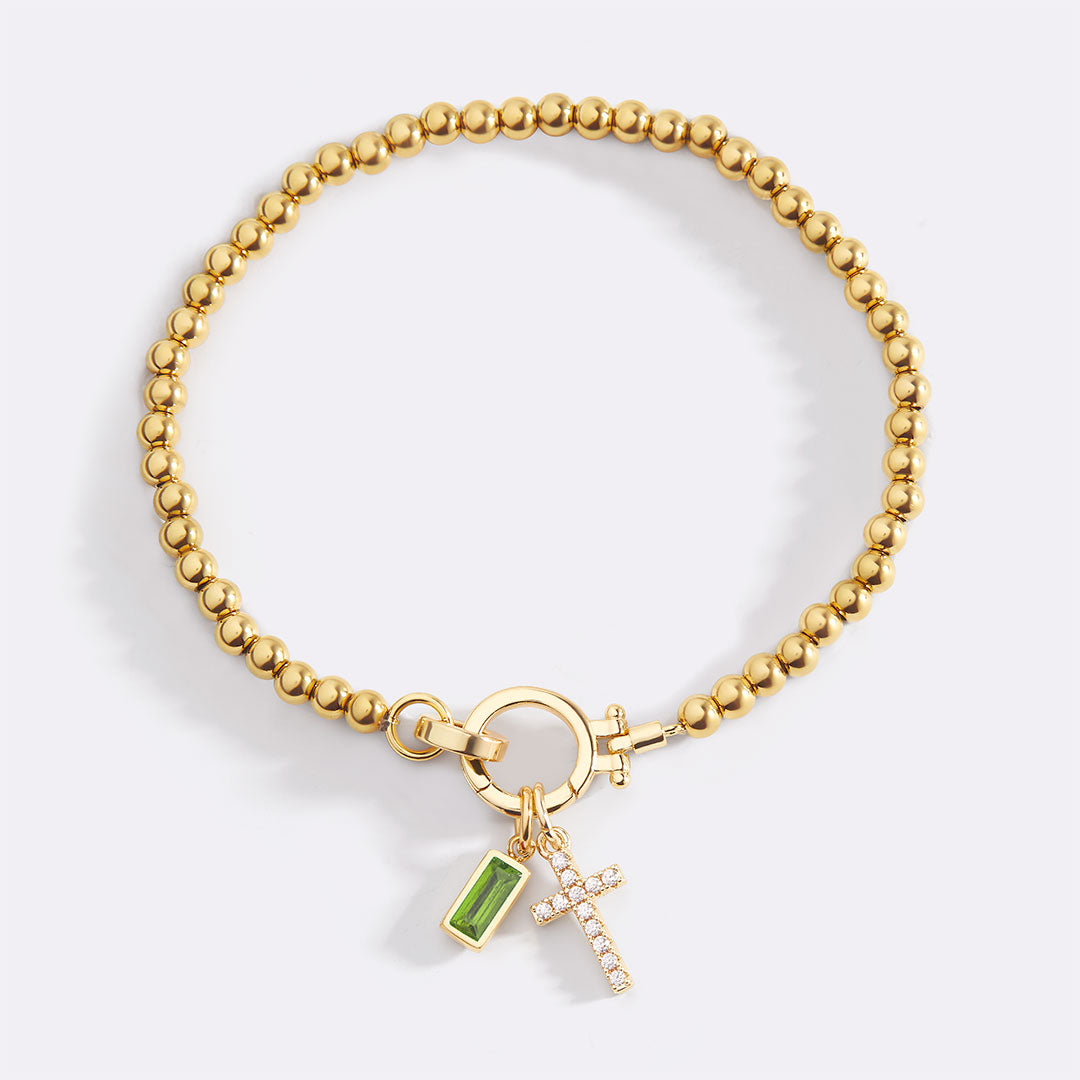 Cross Charm Birthstone Bracelet with August birthstone