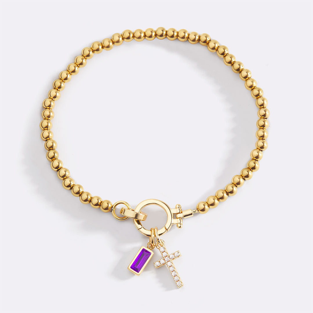 Cross Charm Birthstone Bracelet with February birthstone
