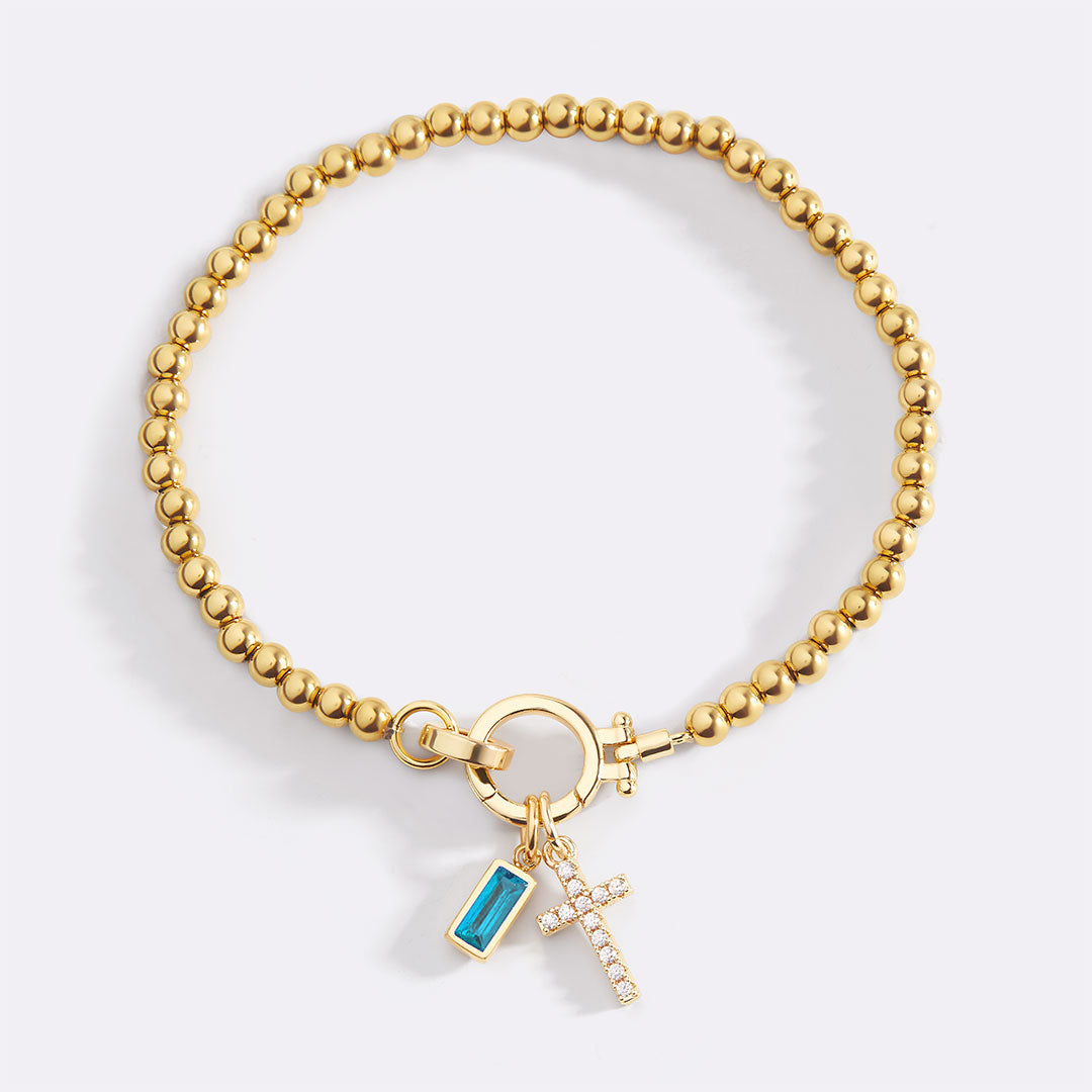 Cross Charm Birthstone Bracelet with March birthstone