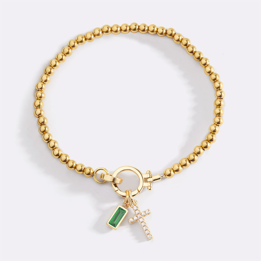 Cross Charm Birthstone Bracelet with May birthstone