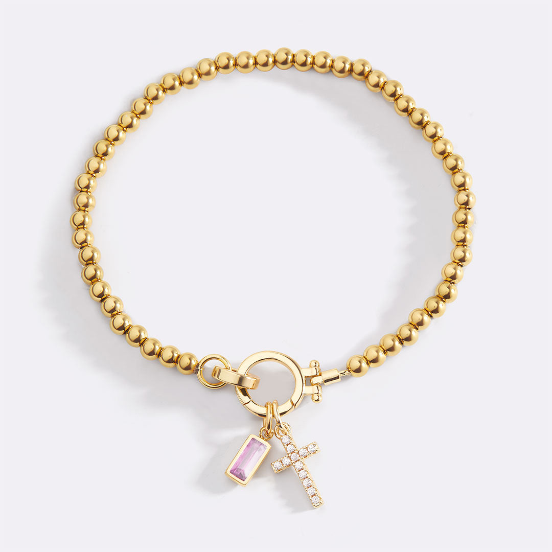 Cross Charm Birthstone Bracelet with October birthstone
