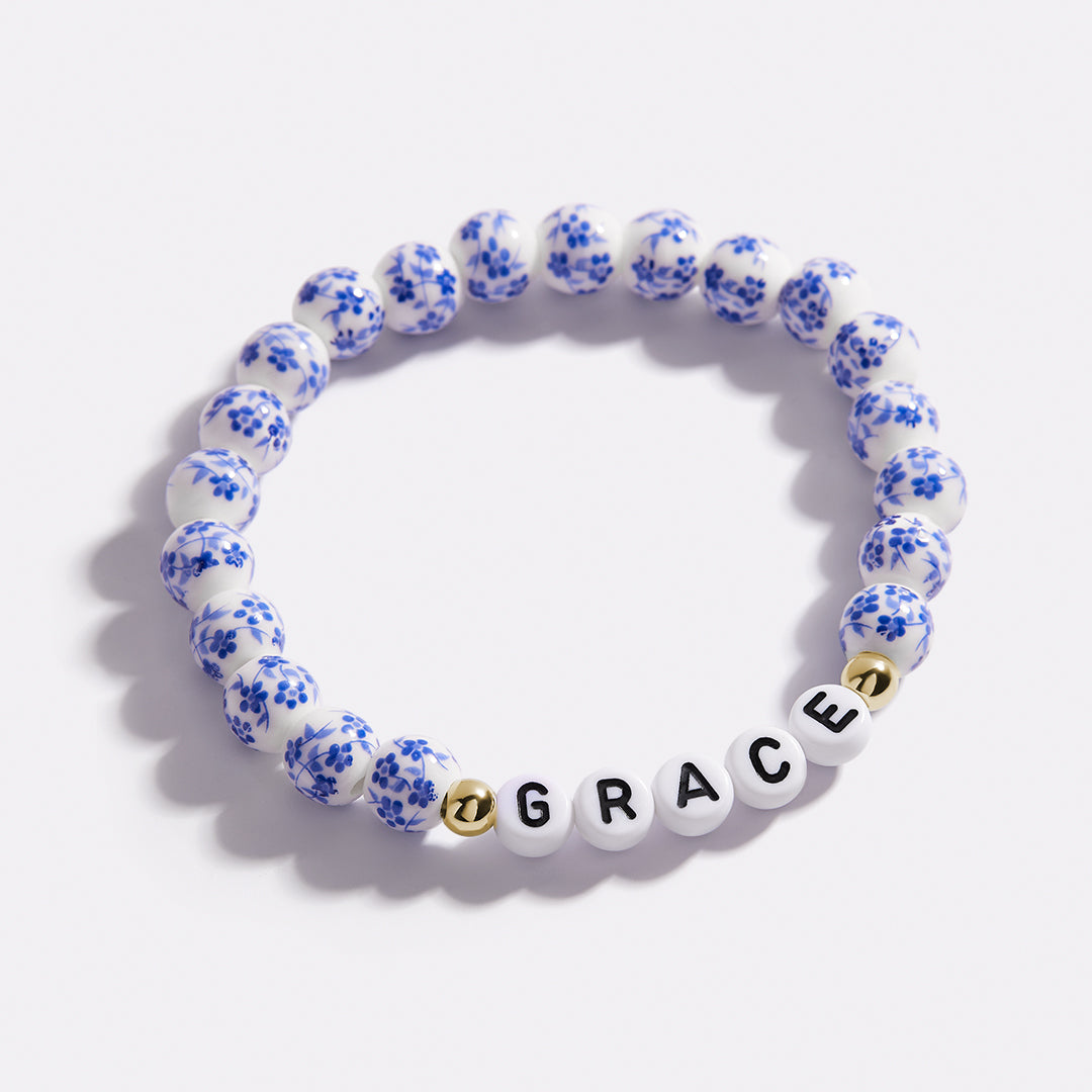 Custom Name Blue Porcelain Floral Beaded Bracelet in gold tone